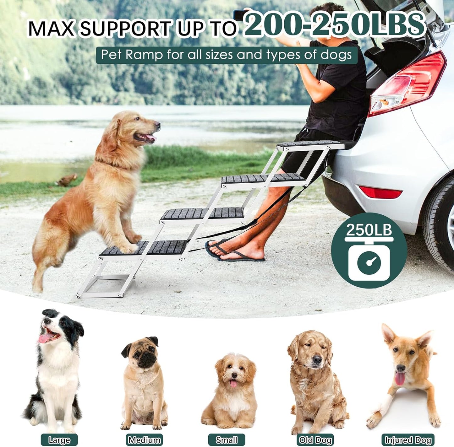 Dog Stairs for Large Dogs,Dog Stairs for Cars,Foldable Dog Ramp Pet Steps Light Weight Aluminum,Extra Wide Dog Stair for Large Dogs,High Beds, Trucks, Supports up to 200 lbs (Extra Wide-4 Steps)