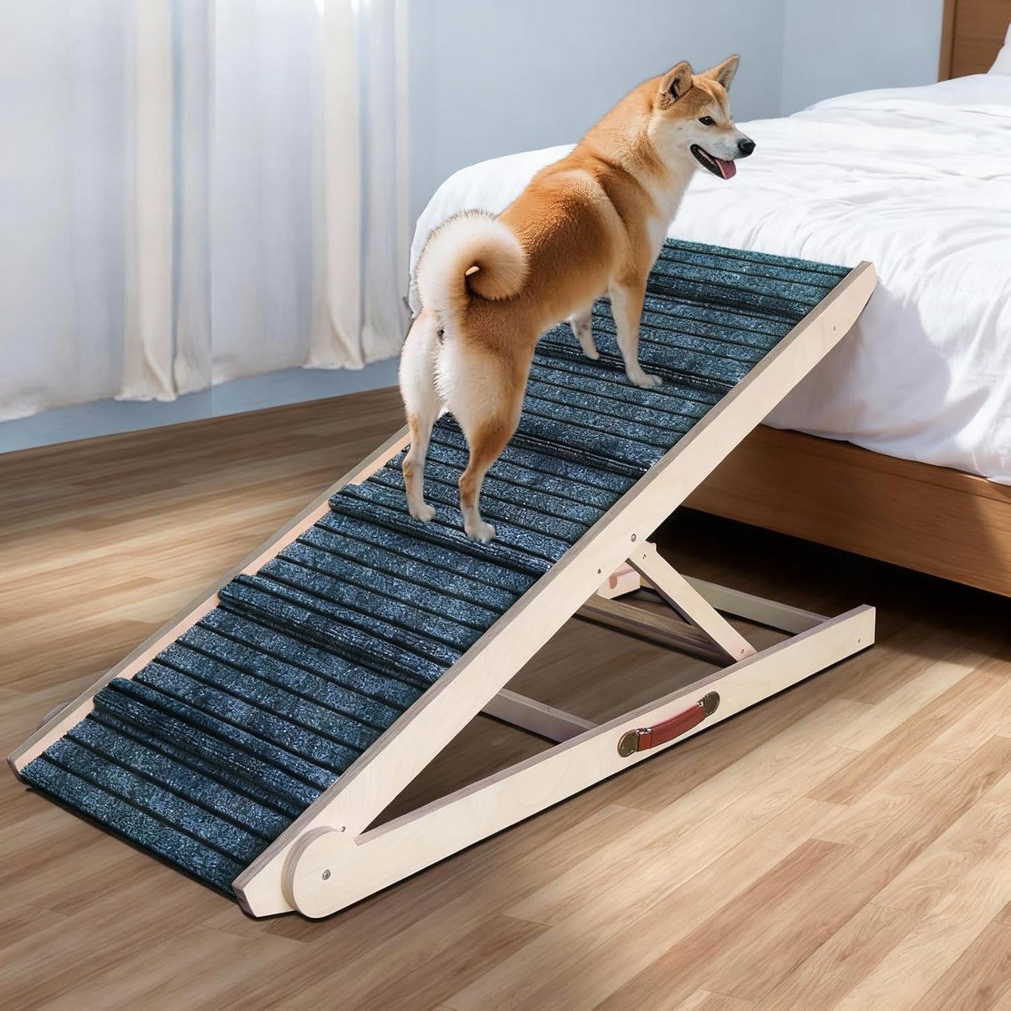 ZJSF Foldable Dog Ramp for High Bed, Wooden Dog Stairs to Bed for Small and Large Dogs, High Traction Platform with 6 Adjustable Heights (12.2"-26"), 39.7", Supports up to 230 lbs