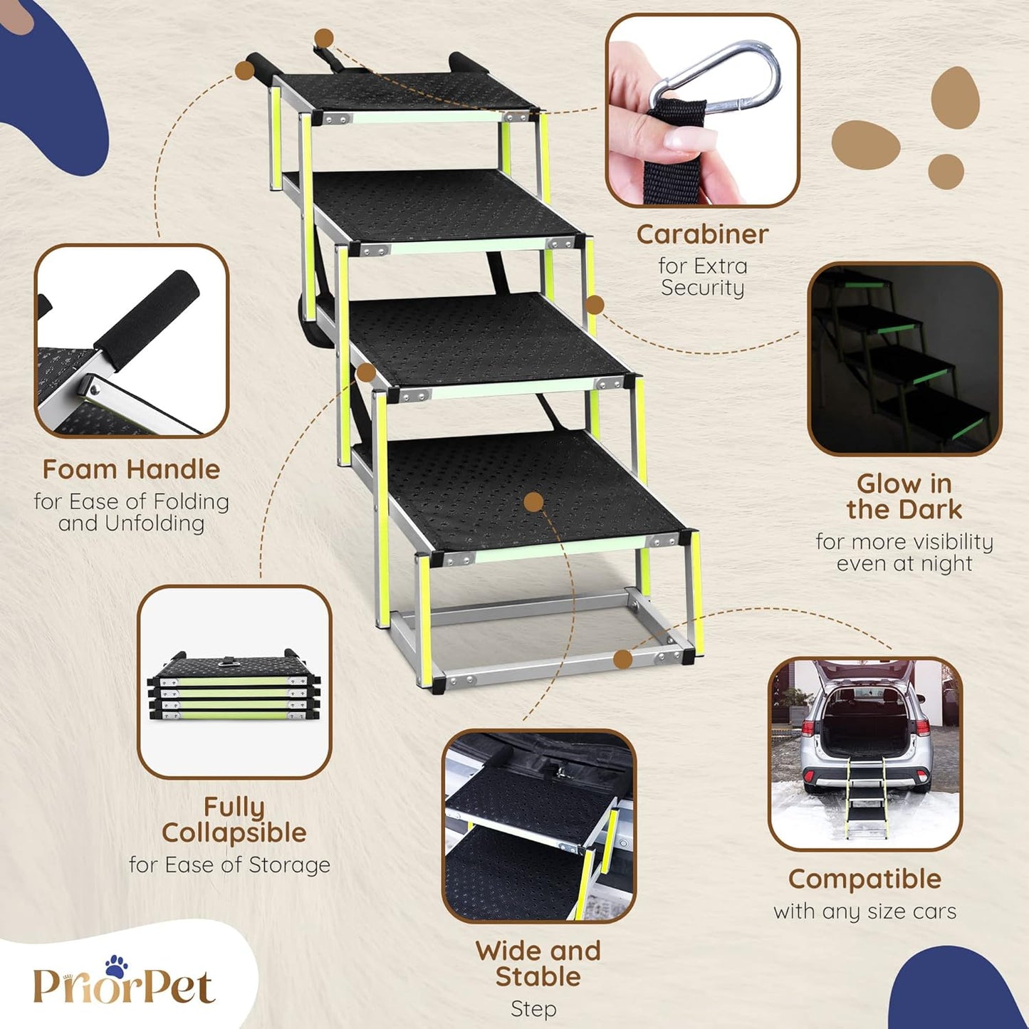Dog stairs for large dogs PRIORPET - Glow in The Dark Marking - Foldable Dog ramp for Car and Small SUV - Dog steps for Car - Non-Slip Surface - Dog ramps for large dogs - 4 Steps