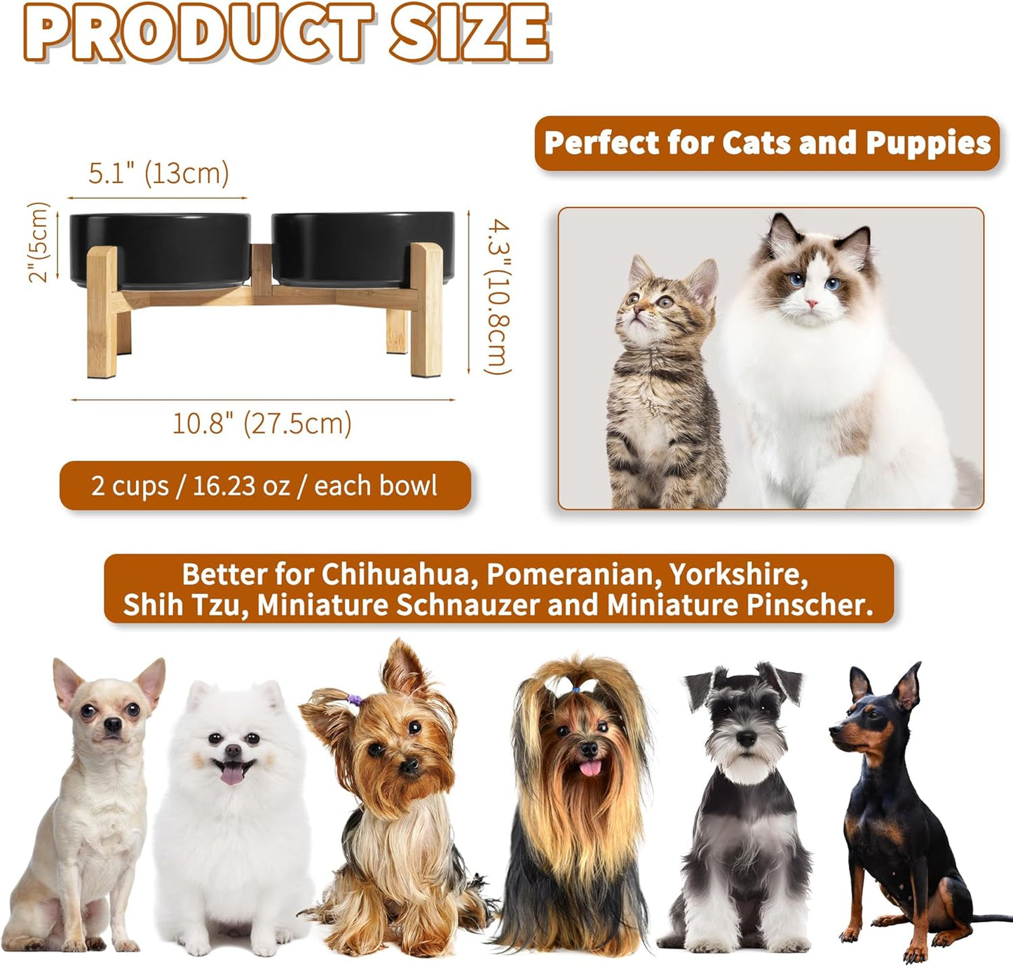 Elevated Ceramic Dog Bowl Set - Raised Dog Bowls with Non-Slip Bamboo Stand - Dog Food and Water Bowl Set - Double Dog Feeding Bowls - Suitable for Small and Medium Dogs - 28.74 OZ - 3.6 CUPS - 850 ML