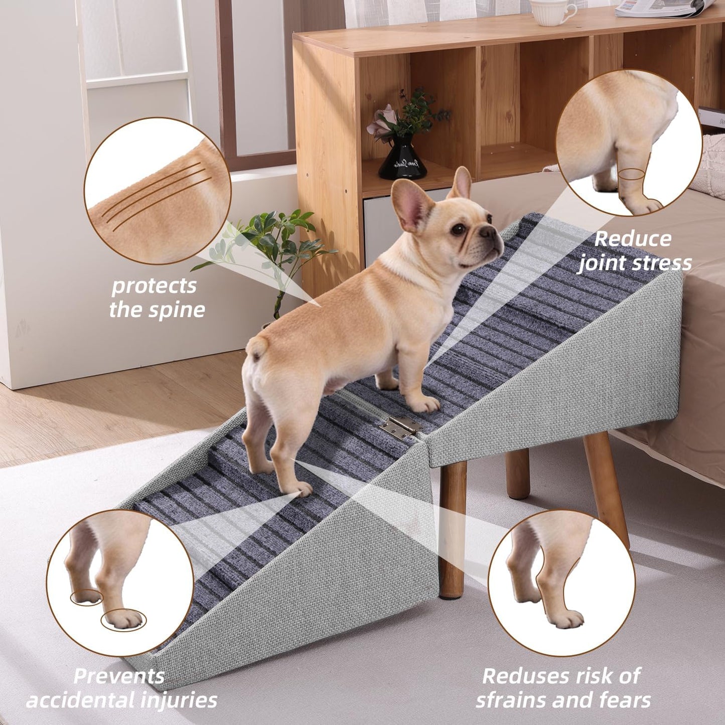 17.13" H Dog Stairs for Small Dogs, 2-in-1 Pet Steps & Ottoman - Foldable Dog Stairs for Couch, Non-Slip Wooden Pet Stairs for Puppy Senior Injured Dogs