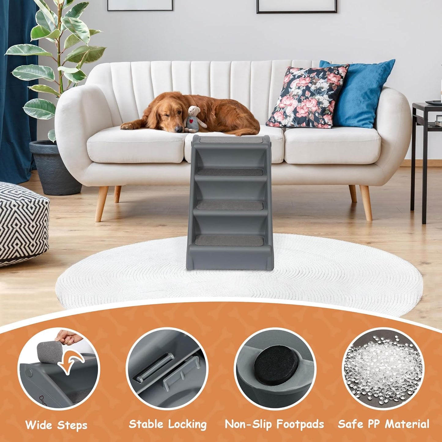 20" H 4-Step Dog Stairs for Small Dogs and Cats, Non-Slip Dog Steps for High Beds, Couch, Sofa, Sturdy Pet Steps (Tan)