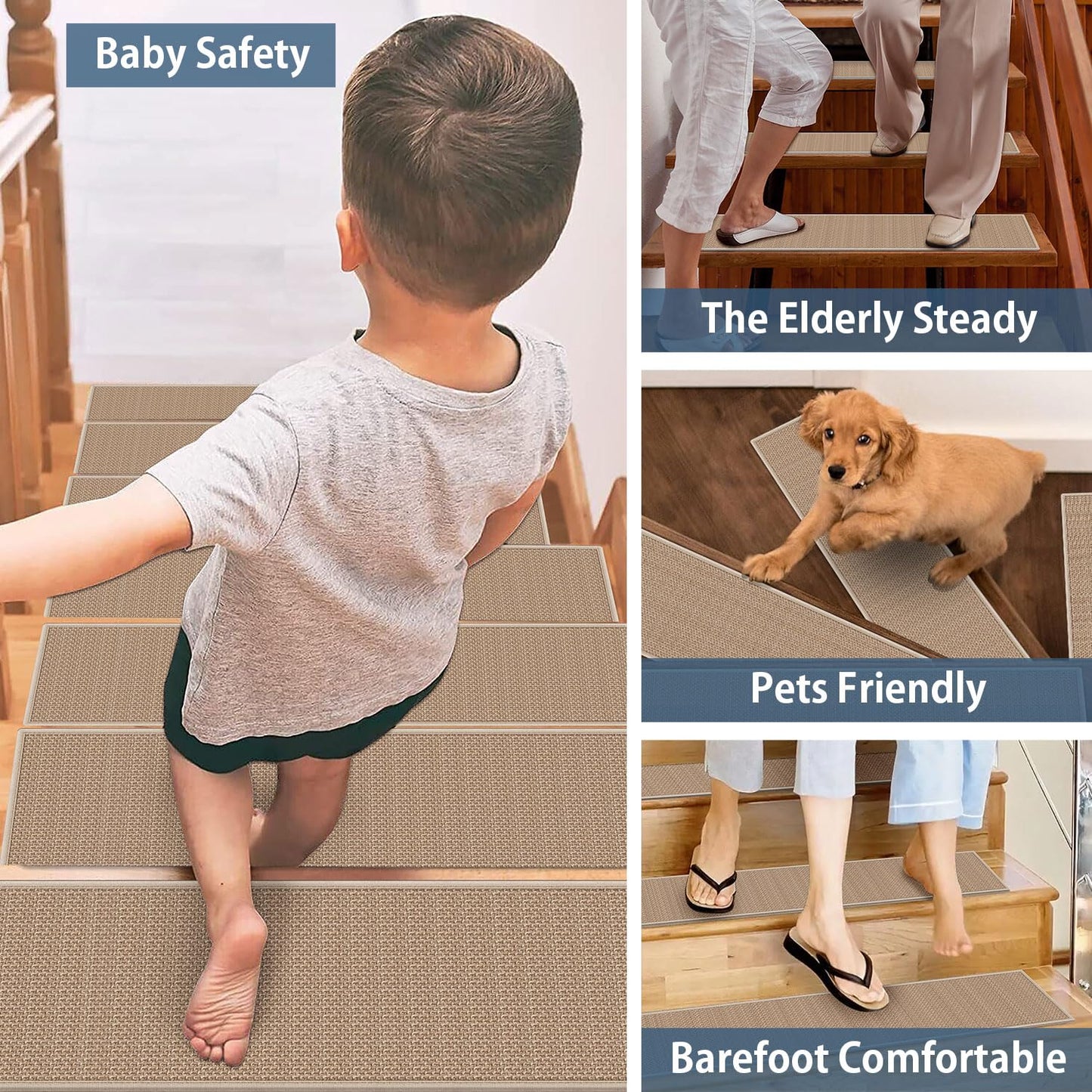 Peel and Stick Adhesive Stair Treads for Wooden Steps Indoor Set of 15 Pack, Rubber Backed Non Slip Jute Stair Rug Step Pads for Pet Dog, Elders and Kids, Beige