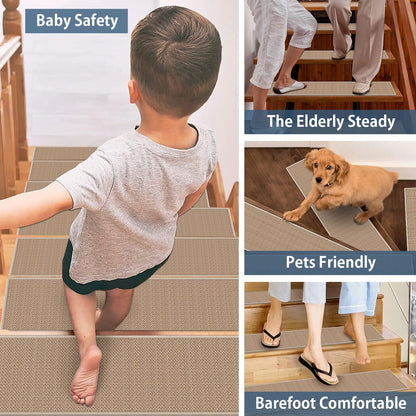 Peel and Stick Adhesive Stair Treads for Wooden Steps Indoor Set of 15 Pack, Rubber Backed Non Slip Jute Stair Rug Step Pads for Pet Dog, Elders and Kids, Beige