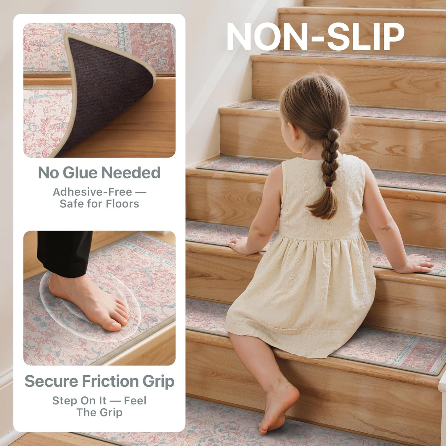 sarben Non Slip Stair Treads for Wooden Steps 15PCS - 8"x30" Indoor Safety Carpet, Edging Mats with TPE Adhesive Backing, Pet and Elderly Friendly Stair Rugs (Taupe) - Colors A
