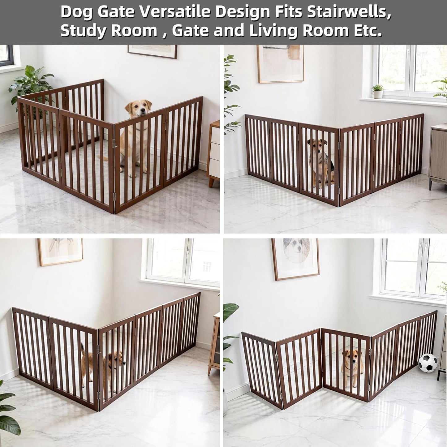 Dog Gate Indoor, Freestanding Dog Fence for The House, Doorways, Hallways,or Stairs,Pet Gate Foldable Wooden,Expandable 24" Height 3 Panels,White