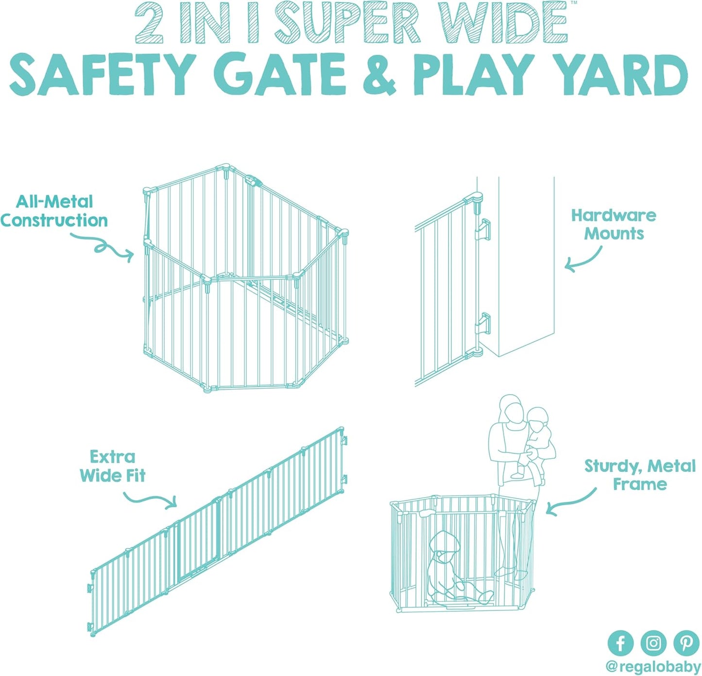 Regalo Safety 28"-76” Super Wide Configurable Baby Gate for Doorways & Open Spaces, 3-Panel Wall Mounted Safety Gate with Door for Babies, Toddlers & Pets, Includes Wall Mount Hardware