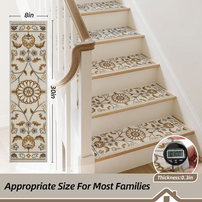 BEQHAUSE Stair Treads for Wooden Steps Non-Slip Machine Washable Carpet Stair Treads 8"X30" Soft Indoor Stair Runner for Kids Elders and Pets, 100% Polyester, TPE Backing, 15pcs, Brown/Grey