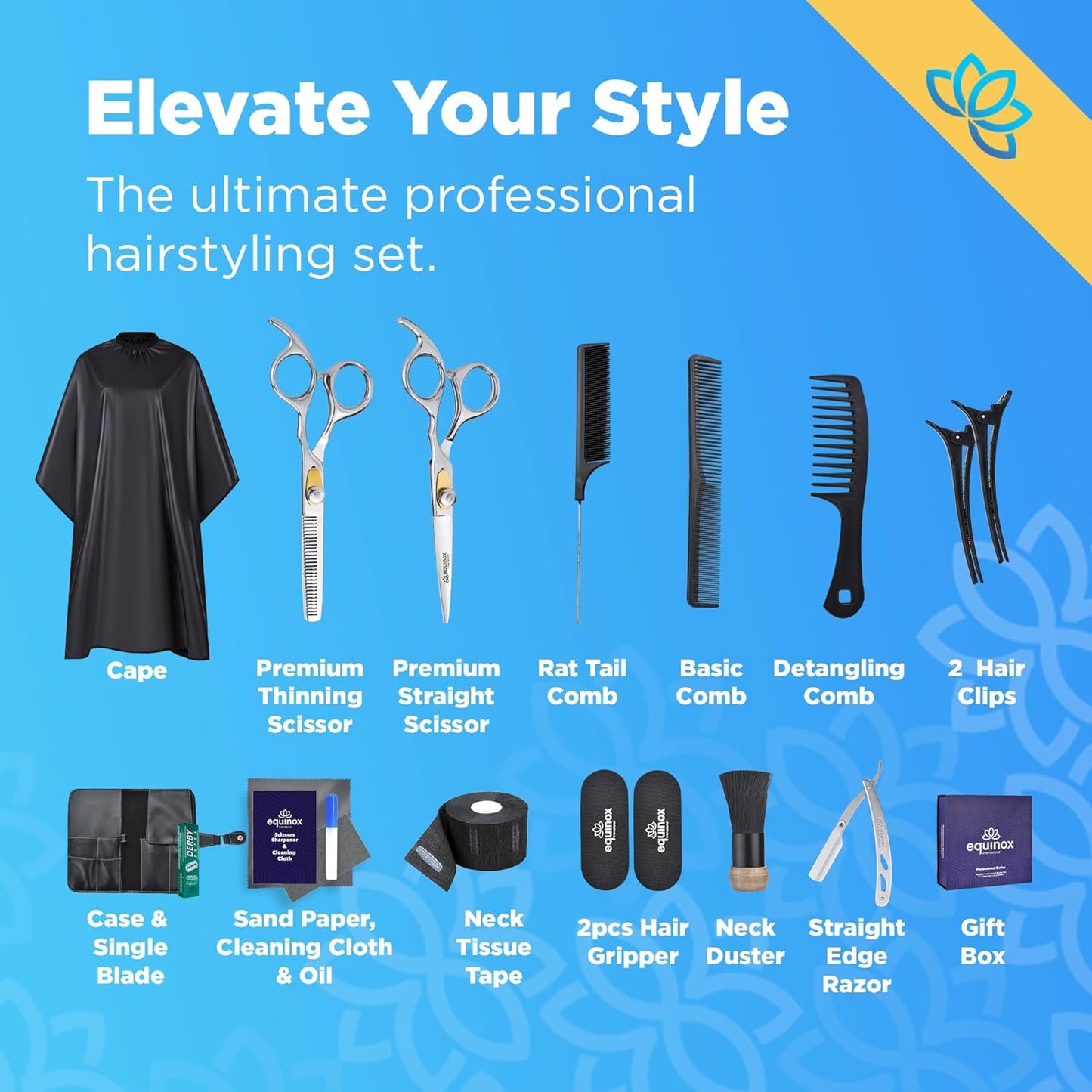 Equinox Dog Grooming Scissors & Deshedder - 7 in 1 Pet Grooming Scissors Set with undercoat brush - Curved Dog Scissors with safety tips - Includes Thinning & Rounded Shears - For dogs & cats