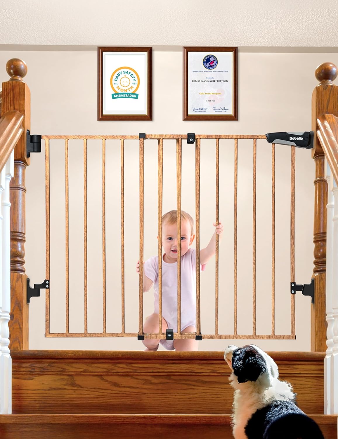 Babelio Baby Gate for Stairs, Kitchen & Doorways, 26-43" W 28" H No Bottom Bar| Easy Installation| One-Handed Operation| Auto-Close| Hardware Mount (Drill Needed) Safety Dog/Pet Gate Indoor (White)