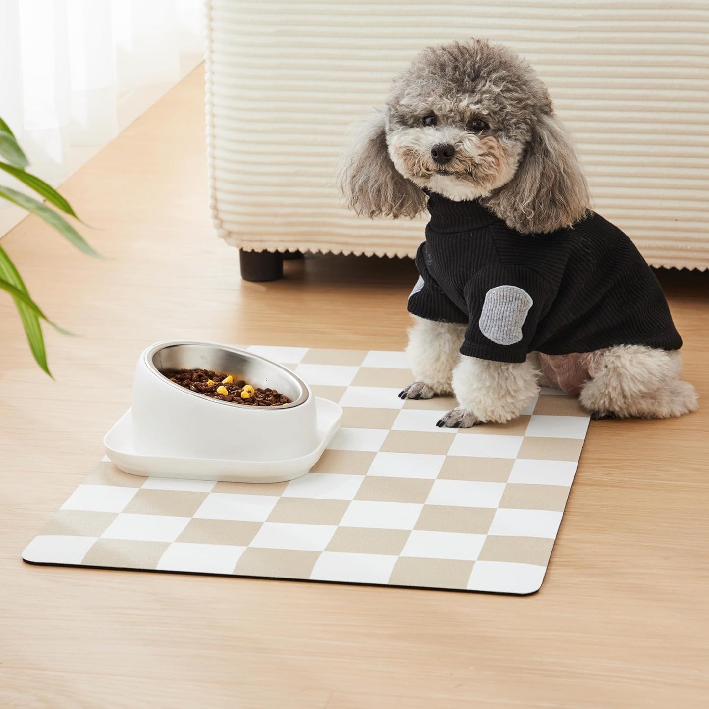 Checkered Dog Feeding Mat, Absorbent Mats for Dog Food and Water Bowl, Dispenser, Retro Aesthetic Khaki Beige Checkerboard Pet Placemat for Dogs, Cats, Puppy Accessories, 12" X 19”