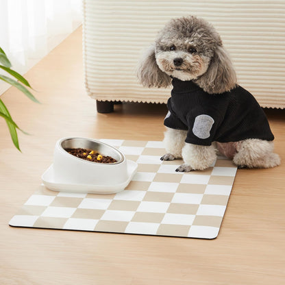 Checkered Dog Feeding Mat, Absorbent Mats for Dog Food and Water Bowl, Dispenser, Retro Aesthetic Khaki Beige Checkerboard Pet Placemat for Dogs, Cats, Puppy Accessories, 12" X 19”