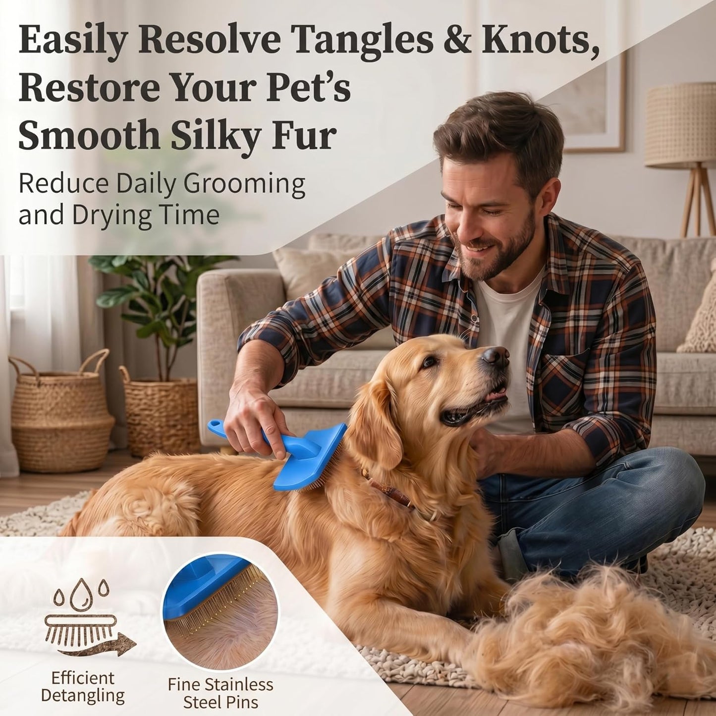 Slicker Brush for Dogs, Large Dog Grooming Brush for Doodles Goldendoodles Poodles Labradoodle Bernedoodles, Long Combs to Wavy & Curly Hair - Wooden Handle 3 Pcs - Nature
