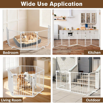 104" Extra Wide Dog Gate, Heavy Duty Metal Freestanding Dog Gate with Door for Indoor & Outdoor, Foldable Pet Fence for Doorways,House,Porch,Deck,Yard,Stairs, Auto Close(4 Panels,Black)