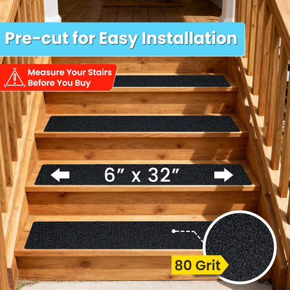 LifeGrip Outdoor Stair Treads Non-Slip 12 Pack, 6"x32" Waterproof Grip Tape for Wooden Steps, Deck, Porch - 80-Grit Adhesive Strips for Dogs, Kids & Elderly Safety