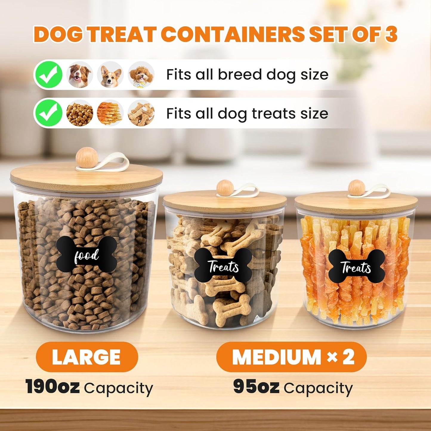 HOYTAMDAR 3 Pack Airtight Dog Food Storage Container, Dog Treat Container Dog Food Container with Wood Lids 8x7''&6x5'',Pet Food Storage Container,Cat Food Containers with Scoops,Clamp,Labels,Pens
