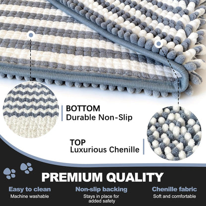 pobopobo Dog Door Mat for Muddy Paws - Absorbent & Washable Chenille Rug, Non-Slip Dirt Trapper for Indoor Outdoor Entryway, Quick Dry Pet Mat for Muddy Dogs (Striped Gray-Blue&White, 24" x 16")