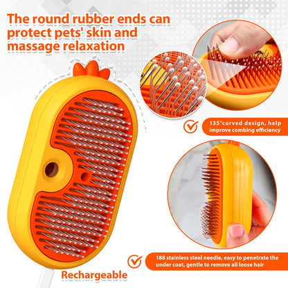 Double-Sided Pet Deshedding Dematting Comb & Steam Brush with 2 Spray Levels, Extra-Wide Detangling Undercoat Rake for Long-Hair Dogs & Cats Matted Fur, Knots, Rechargeable Grooming & Massage Tool