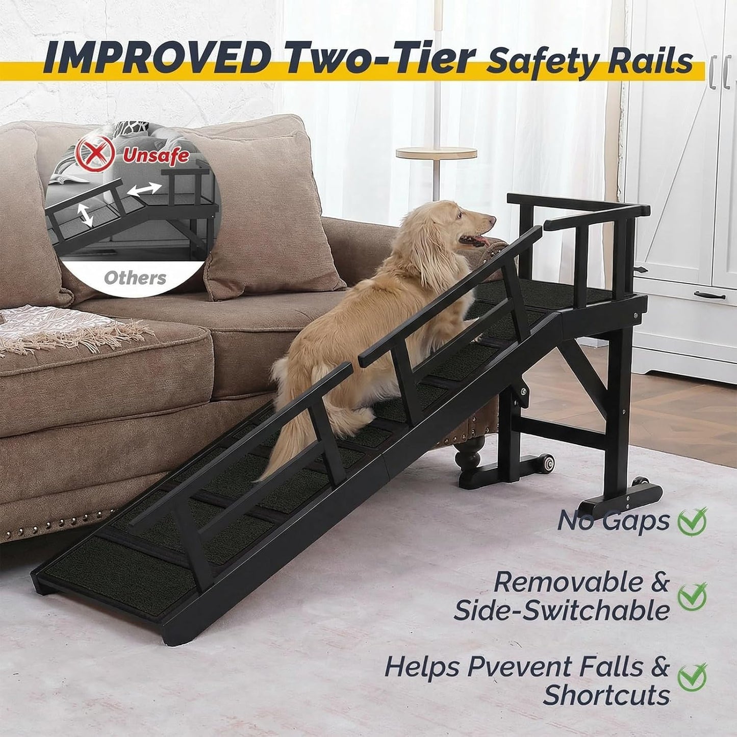Dog Ramp for Bed or Couch, Wooden Pet Ramp with 20° Gentle Slope, Removable Side Rails, Non-Slip Surface, Top Platform & Wheels, Safe Bed Ramp for Small, Large & Senior Dogs, 60" Long, Mahogany
