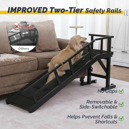 Dog Ramp for Bed or Couch, Wooden Pet Ramp with 20° Gentle Slope, Removable Side Rails, Non-Slip Surface, Top Platform & Wheels, Safe Bed Ramp for Small, Large & Senior Dogs, 60" Long, Mahogany