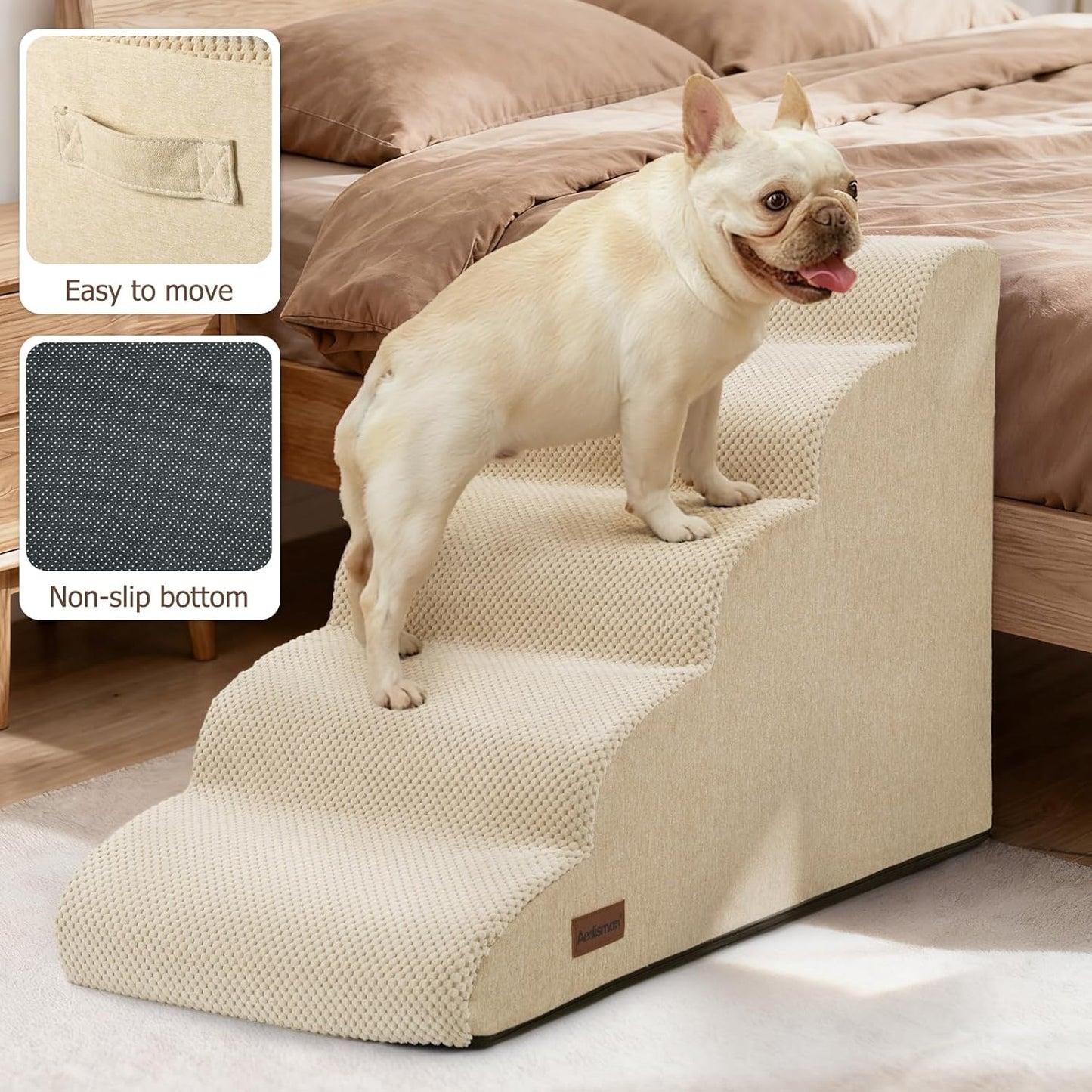 Aodisman Dog Ramp and Stairs for Small Dogs & Cats,3-Step Pet Stairs for Couch Sofa and Chair,Indoor Anti-Slip Dog Stairs for Old Cats and Puppy,Beige