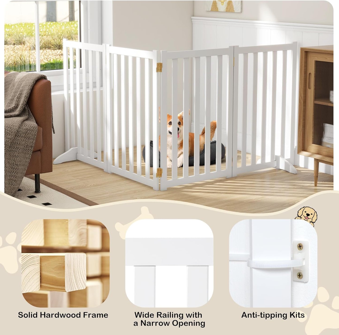 36" Height Extra Tall Freestanding Pet Gate, Solid Wood Folding Safety Fence Wooden Dog Gate with 2 PCs Support Feet Ideal for Stairs, Doorways, Halls, Kitchens, Heavy Duty Gates, 3 Panels, Oak