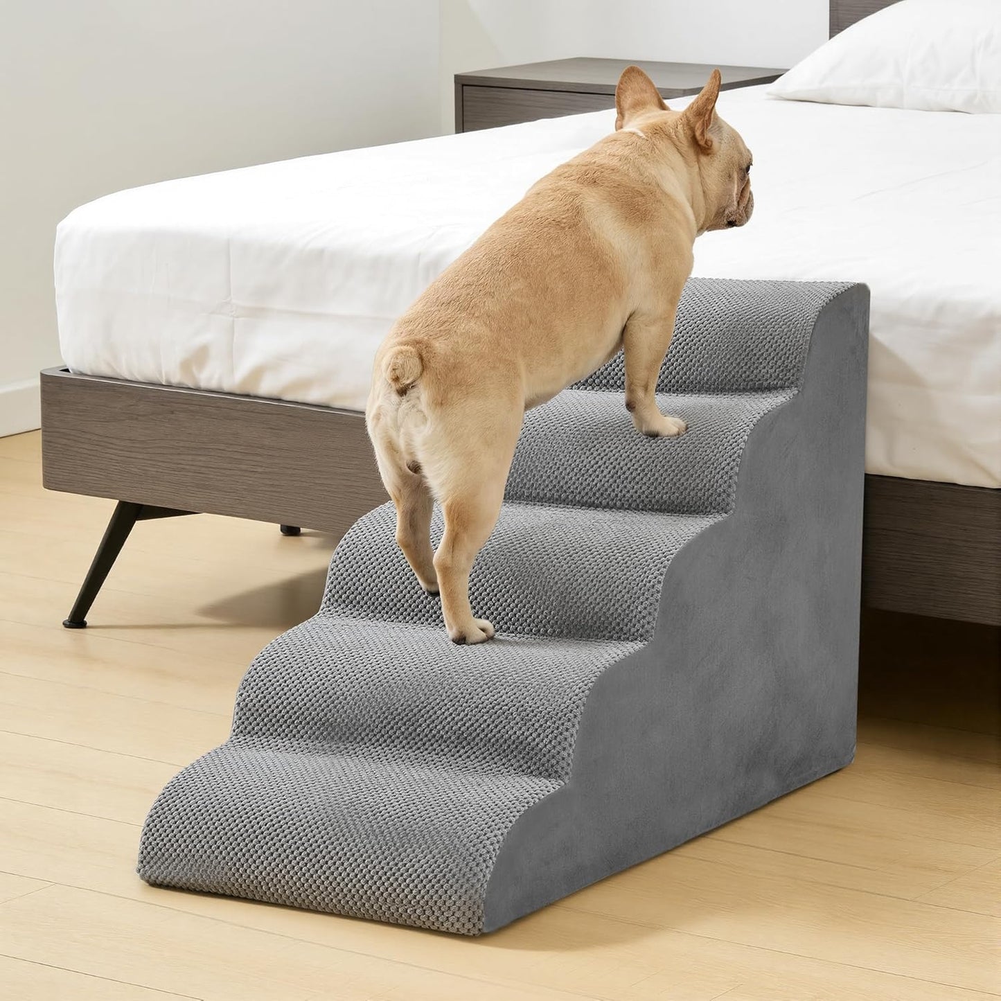 DUMOS Dog Stairs for Small and Medium Dogs, 3-Step Pet Steps with High-Density Foam, Indoor Non-Slip Pet Ramp for Puppy and Older Dogs Cats, Dog Bed Stairs for Couch and Sofa, Grey