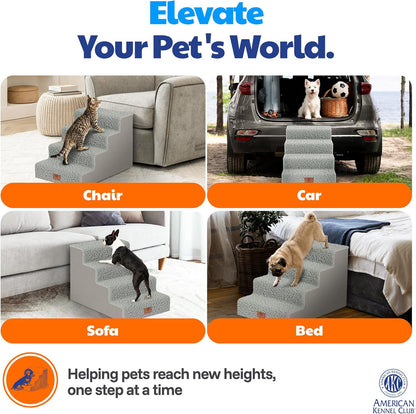 AKC 4-Step Pet Stairs – Durable, Non-Slip Steps for Small Dogs and Cats, Washable Cover, Simple No-Tool Assembly, Supports Up to 50 lbs