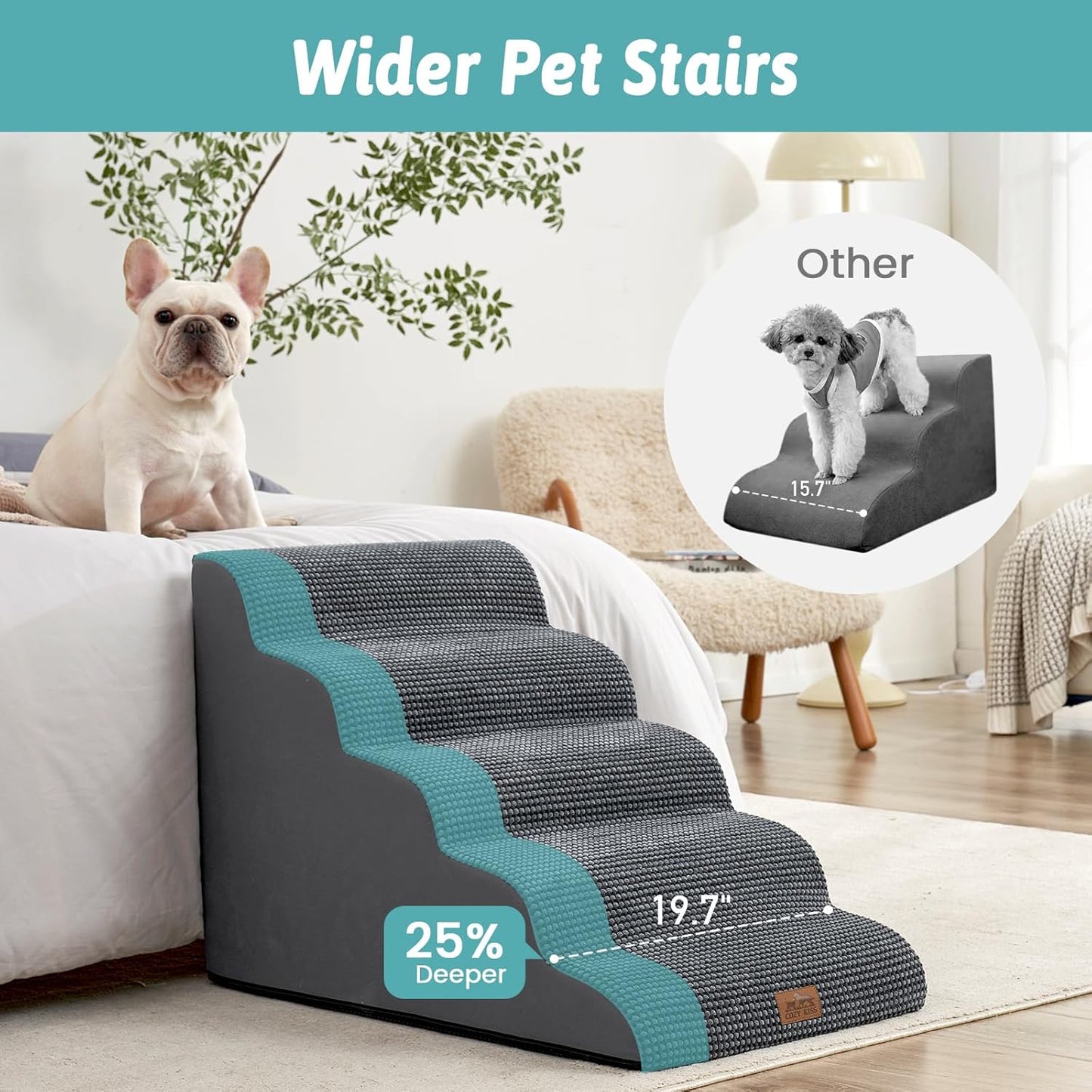 COZY KISS Extra Wide Dog Stairs with Tunnel, Foam Detachable Large Dog Step for Small Pet, Puppy or Cats, Medium Pet Ramp for High Bed, Couch, Sofa or Car, 19.7x33x22.4 inch, 5 Step, Beige