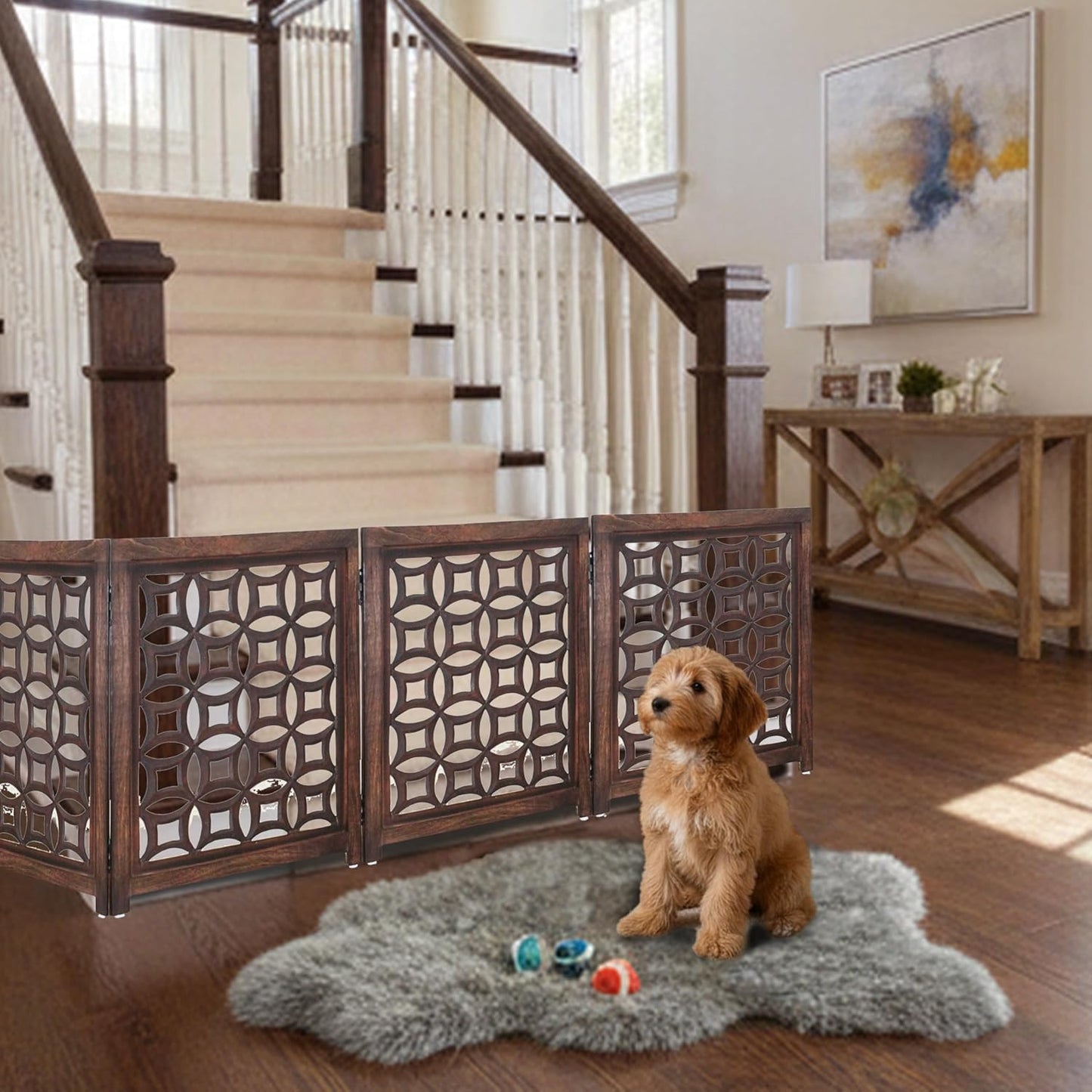 Croft&Cane Wooden Foldable Pet Dog Safety Gate – 3 Panel Freestanding Indoor Pet Fence (20 inches W x 24 inches H) – Hand-Carved Solid Wood & MDF – Fully Assembled - Antique Brown