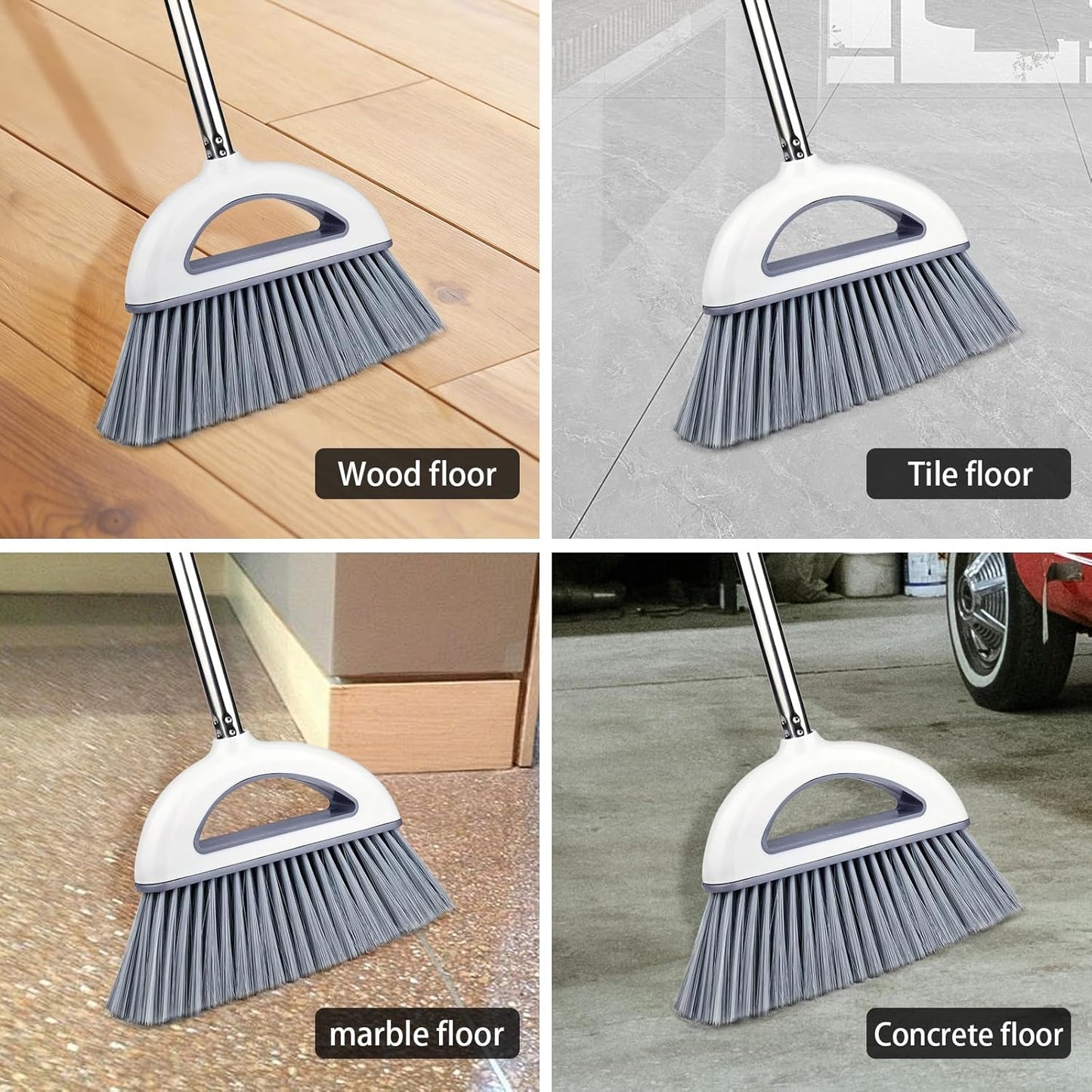 Angle Broom for Hardwood Floors - Soft Bristled Kitchen Broom, Indoor & Office Use (Off White)
