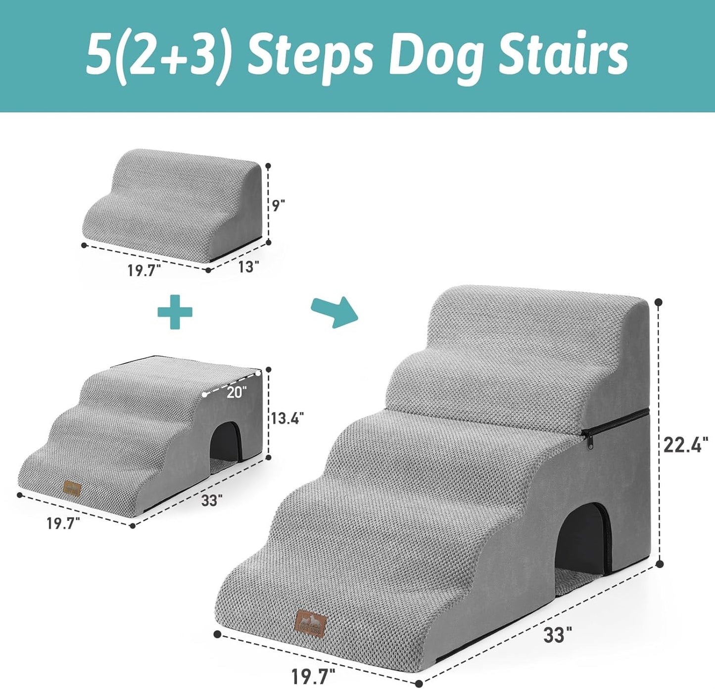 COZY KISS Extra Wide Dog Stairs with Tunnel, Foam Detachable Large Dog Step for Small Pet, Puppy or Cats, Medium Pet Ramp for High Bed, Couch, Sofa or Car, 19.7x33x22.4 inch, 5 Step, Beige