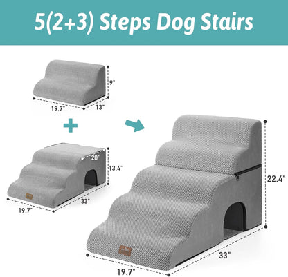 COZY KISS Extra Wide Dog Stairs with Tunnel, Foam Detachable Large Dog Step for Small Pet, Puppy or Cats, Medium Pet Ramp for High Bed, Couch, Sofa or Car, 19.7x33x22.4 inch, 5 Step, Beige