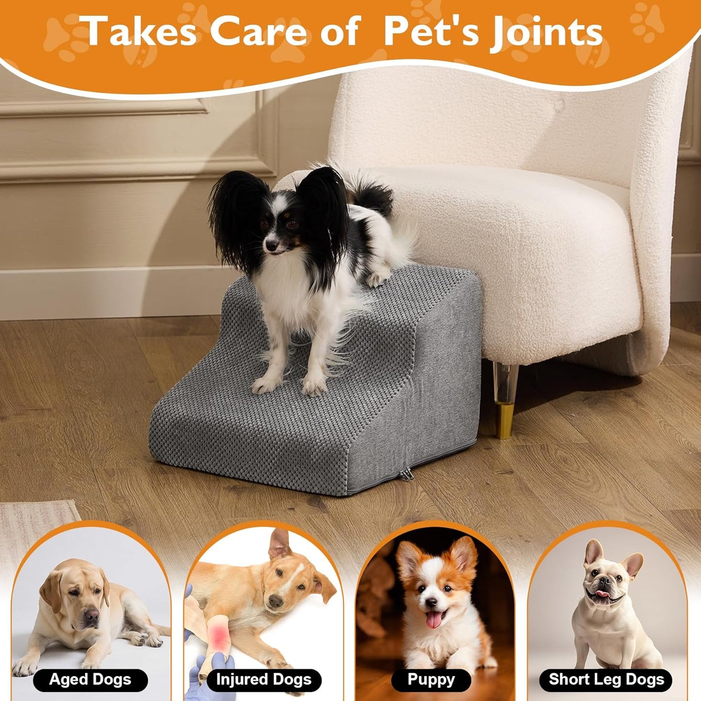 Dog Stairs for Bed 23’’ H, 5-Step Dog Steps for High Bed, Foldable Pet Stairs for Small Dogs and Cats to Get on Beds, Couch, Non-Slip Balanced Pet Steps and Ramp with Waterproof Cover, Grey
