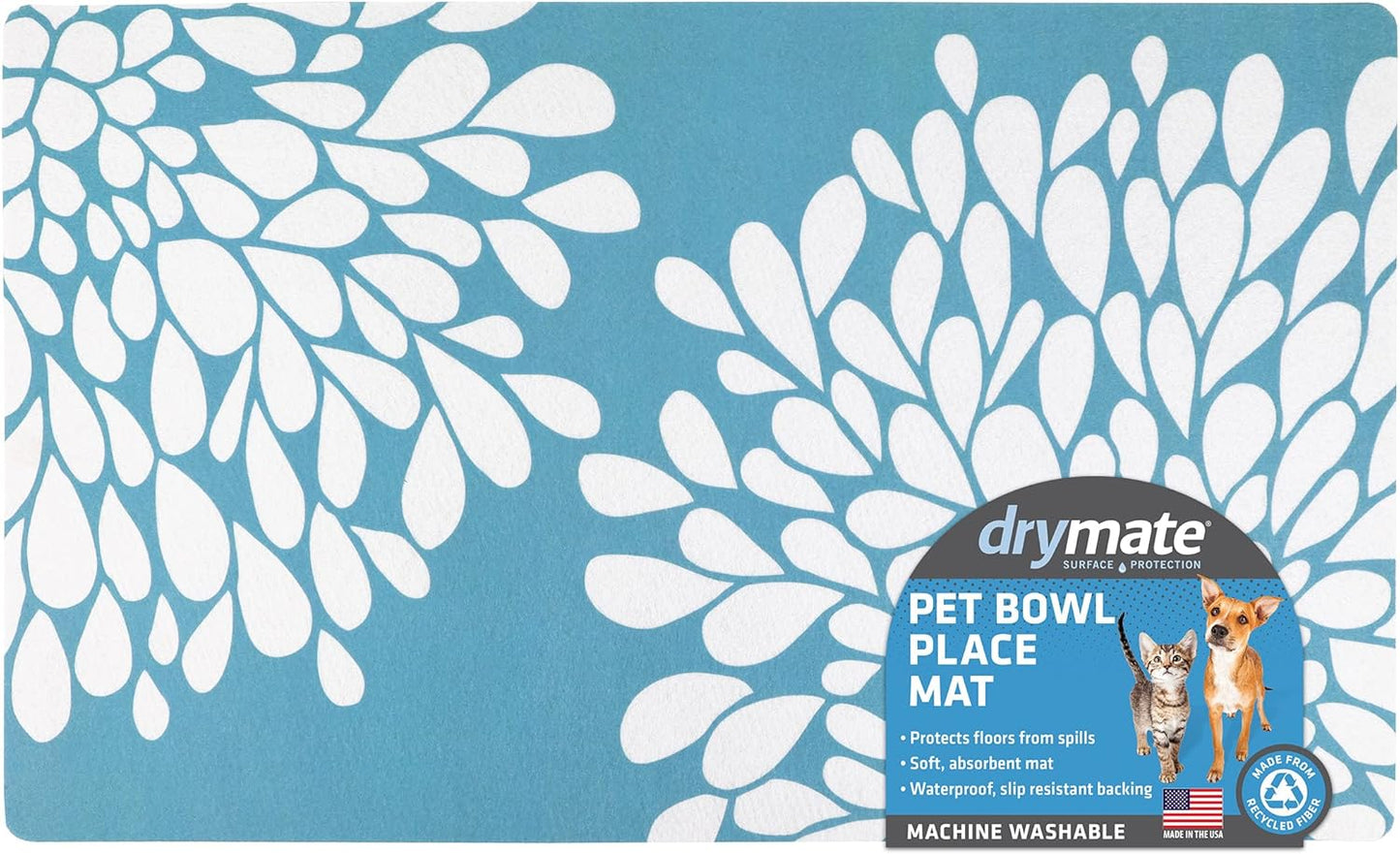 Drymate Pet Bowl Placemat, Dog & Cat Food Feeding Mat - Absorbent Fabric, Waterproof Backing, Slip-Resistant - Machine Washable/Durable (USA Made) (12” x 20”) (Indigo)