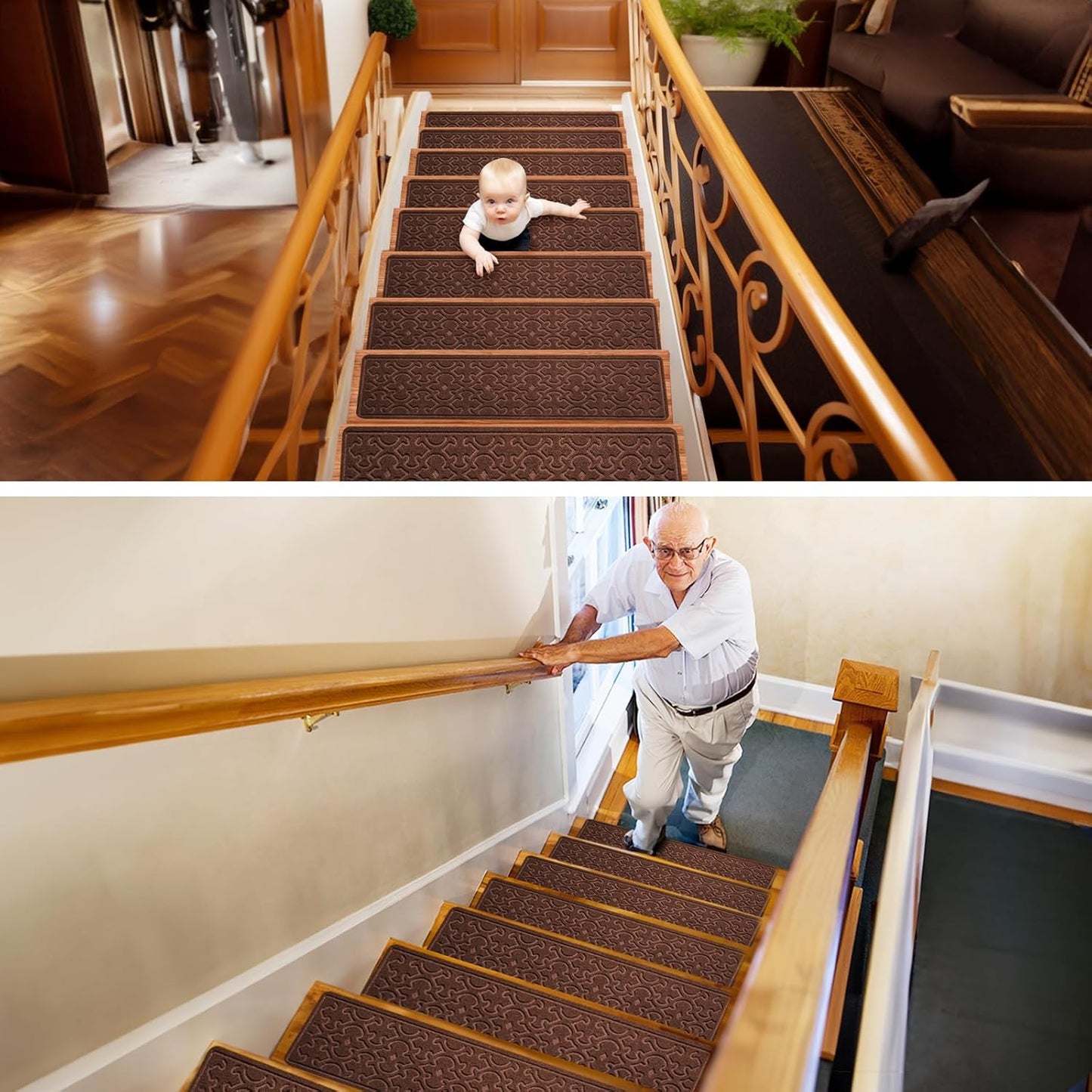 FlowaFoli Stair Treads for Wooden Steps Indoor,8" X 30" (15 in Pack) Stair Treads Non Slip, Machine Washable for Kids Elders and Pets,Beige