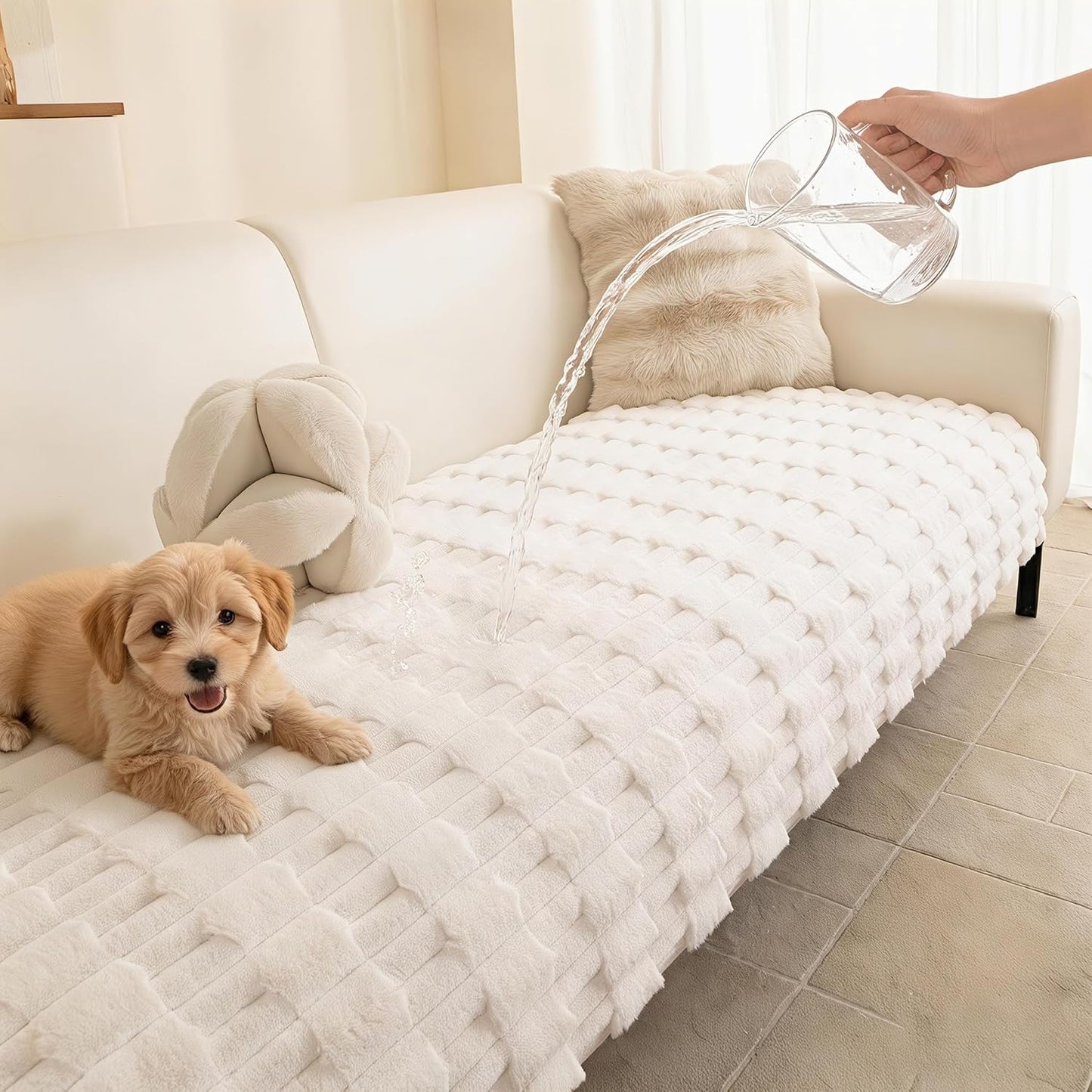 MYSKY HOME 100% Waterproof Couch Cover for Dogs, Plush Pet Couch Covers for Sofa Washable, Couch Covers for 2 Cushion Sofa Pet Friendly, Non-Slip Durable Sofa Cover Slipcover Protector, Cream, 35"x63"