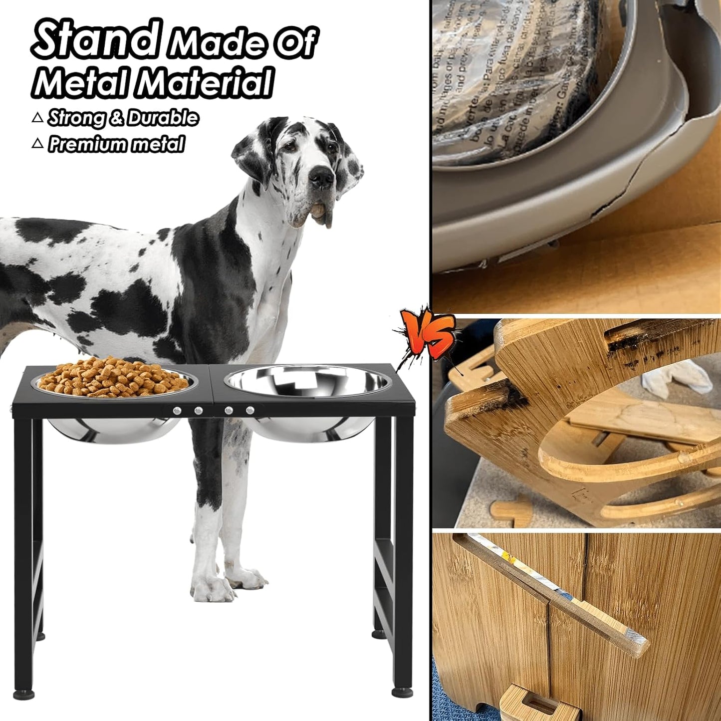 ADENGL Metal Raised Dog Bowl, 10" Tall Elevate Dog Feeder Stand with 2 Stainless Steel 42oz Bowls & 16x24 Non-Slip Mat – Stronger Dogs Food & Water Bowl Stand (Black)