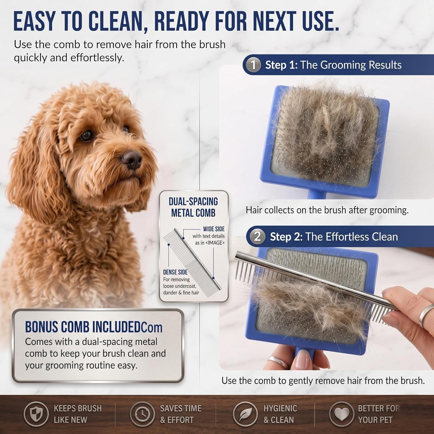 Slicker Brush for Doodles and Poodles - 2-Piece Solid Wood Dog Grooming Set with Extra Long Pin Dematting Tool and Metal Comb for Curly, Matted & Thick Hair, Purple