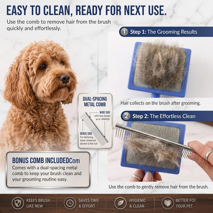 Slicker Brush for Doodles and Poodles - 2-Piece Solid Wood Dog Grooming Set with Extra Long Pin Dematting Tool and Metal Comb for Curly, Matted & Thick Hair, Purple