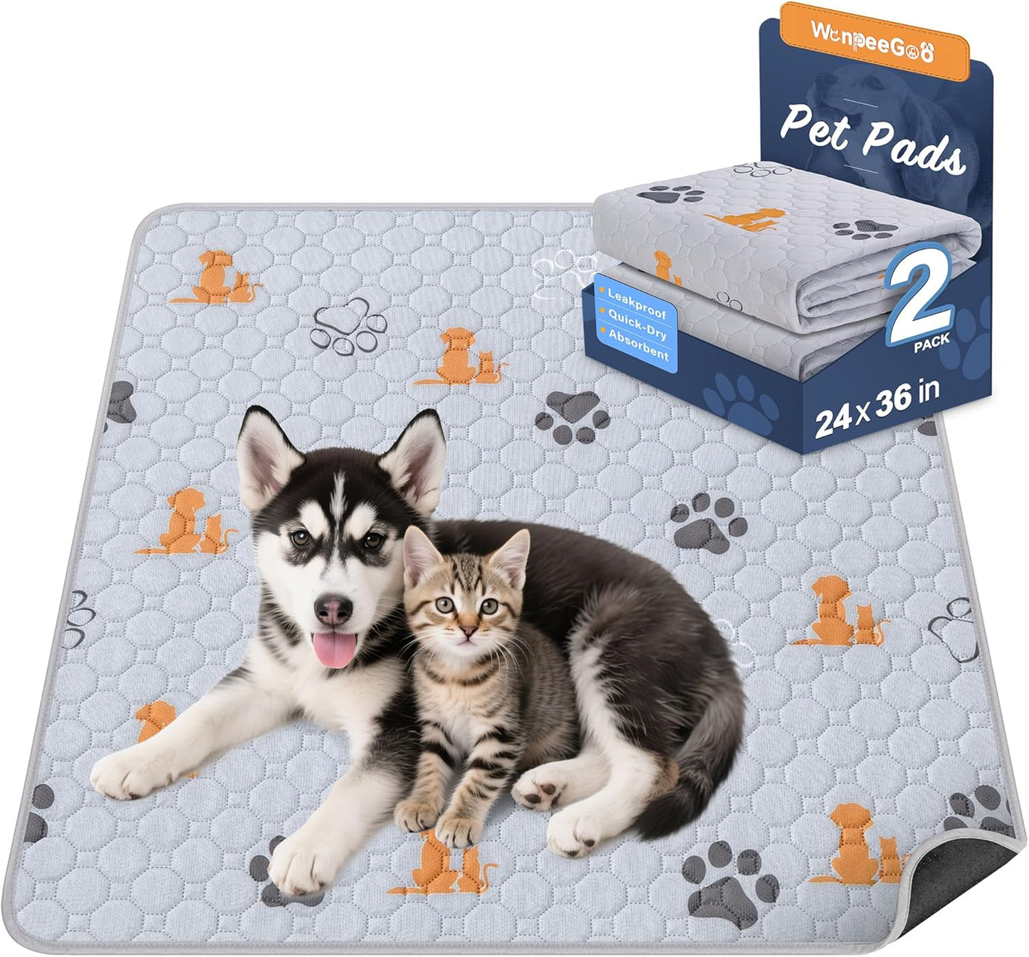WanpeeGoo Washable Pee Pads for Dogs, 4 Pack Absorbent Reusable Training Dog Pads Pet Puppy Pads, Non-Slip Potty Pads for Whelping, Playpen, Crate, Bed, Grey 18"x24"