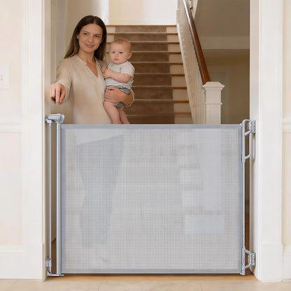 SPACEANY Retractable Safety Baby Gate or Mesh Dog Gate,Durable Portable Mesh Retractable Gate,Easy to Use for Stairs, Doorways, Hallways, Indoor, Outdoor, 33.5" Tall, Up to 45" Wide, Cream