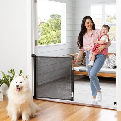 Retractable Baby Gate Perma Child Safety 33" Tall x 55” Wide, Mesh, for Stairs, Doorways, Dogs, Pets, Indoor, Outdoor, One-Handed Operation, Locking, Easy Install, Hardware Mount, Black