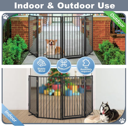 Metal Freestanding Dog Gates with Door for Outdoor Indoor,80'' Extra Wide 32'' Tall Free Standing Dog Gate for Doorways,Large Openings,Deck,Yard,Foldable Safety Pet Fence(Black,4 Panels)