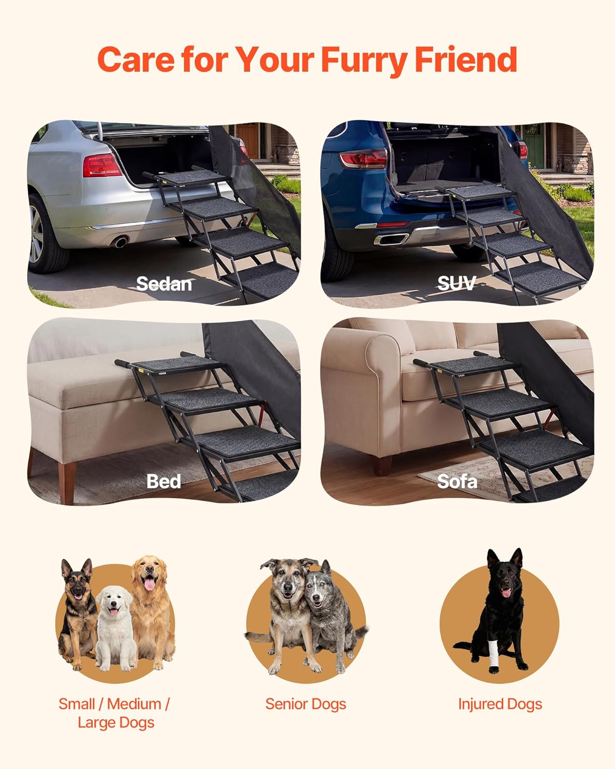 VEVOR Dog Stairs for Car, 4 Steps Extra Wide Foldable Dog Ramp for Large Dogs with Non-Slip Rug Surface, Portable Lightweight Pet Ladder for Car, SUV, Truck, High Beds, Sofas, Support up to 400 lbs