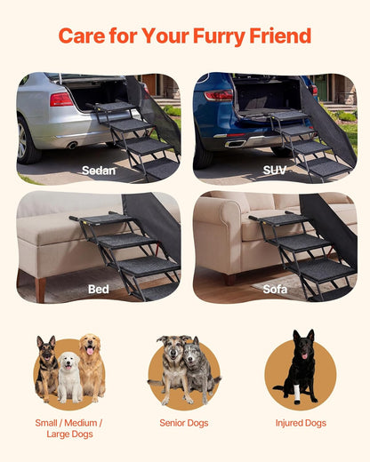 VEVOR Dog Stairs for Car, 4 Steps Extra Wide Foldable Dog Ramp for Large Dogs with Non-Slip Rug Surface, Portable Lightweight Pet Ladder for Car, SUV, Truck, High Beds, Sofas, Support up to 400 lbs