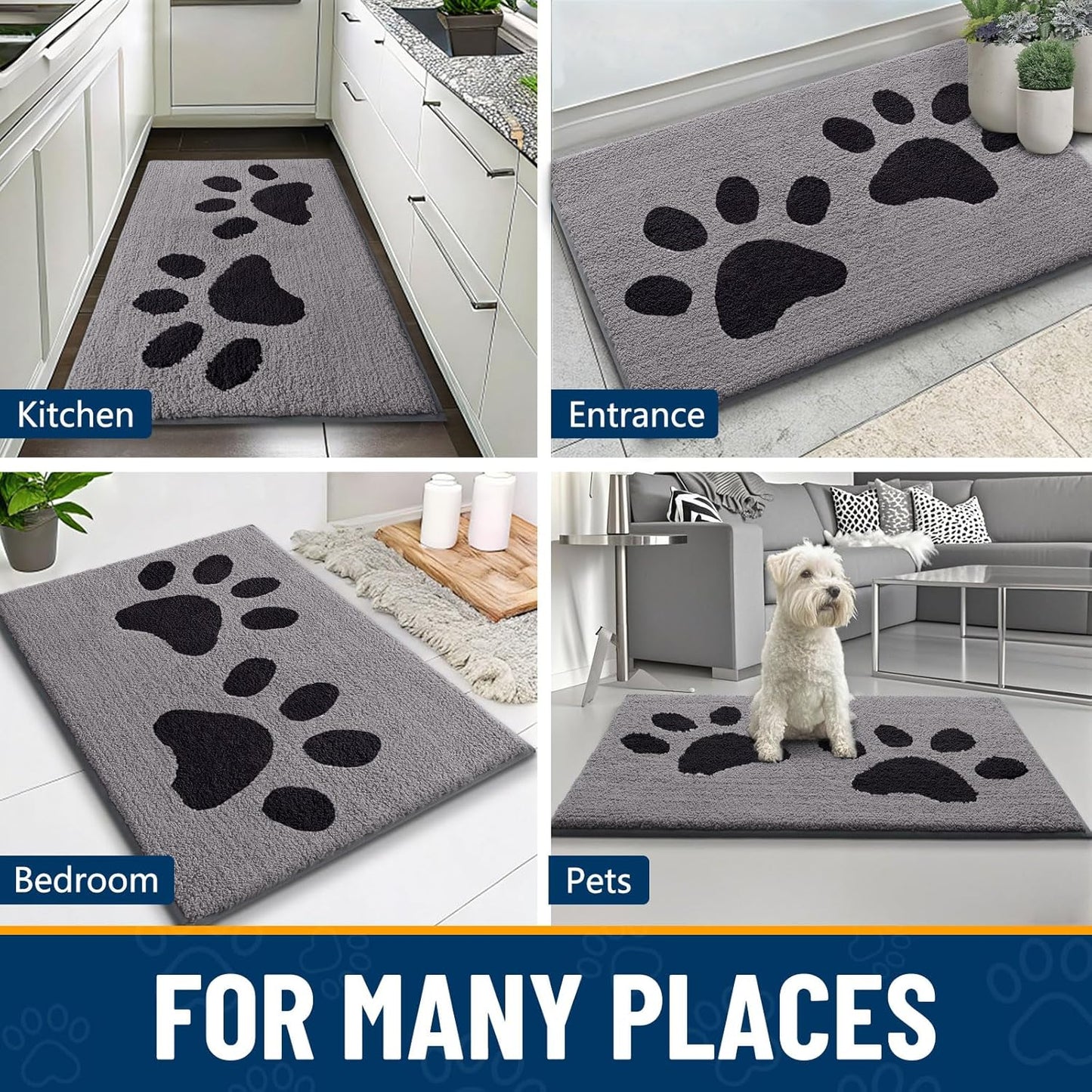 Smiry Dog Door Mat for Muddy Paws, Absorbs Moisture and Dirt, Low-Profile Entryway Mat with Non-Slip Backing, Entry Indoor Outdoor Doormat for Inside Floor (30x20 Inches, Grey, Striped)