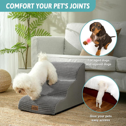 COZY KISS Dog Stairs for Small Dogs 15.7" H, Curved Dog Step for Puppy, Older Cat, Medium Pet Ramp for Sofa, Couch or Chair, Ladder with High Density Foam, 3 Step, 15.7x22.4x15.7 inch, Beige