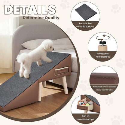 Dog Ramp for Couch and Bed, 17" H Stairs for Small to Medium Dogs and Cats Foldable Steps for Pets to Get on High Bed, Non-Slip Sturdy Ottoman Ramp with Storage Drawer, Brown