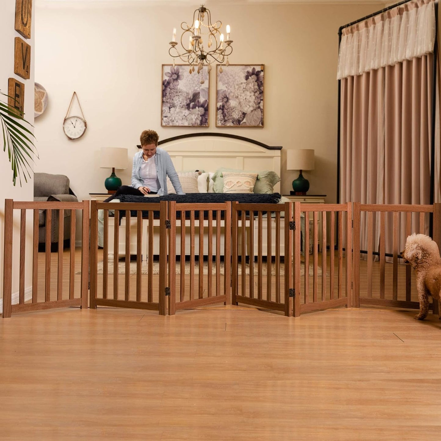 LZRS 2-Panel Wooden Free Standing Foldable Dog Gate Indoor – Solid Hardwood 24" High, Step-Over Safety Pet Gate for Doorways, Stairs & Small Spaces - Indoor Use, White